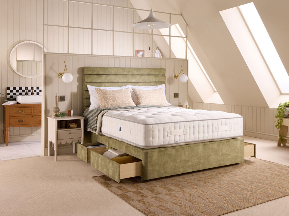 Harrisons Jade Mattress with a Prague Headboard and TE Deep Base With Drawers in Lovely Celery