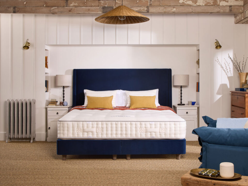 Harrisons Sapphire Mattress with a Geneva Headboard and TE Shallow Base in Seven Navy